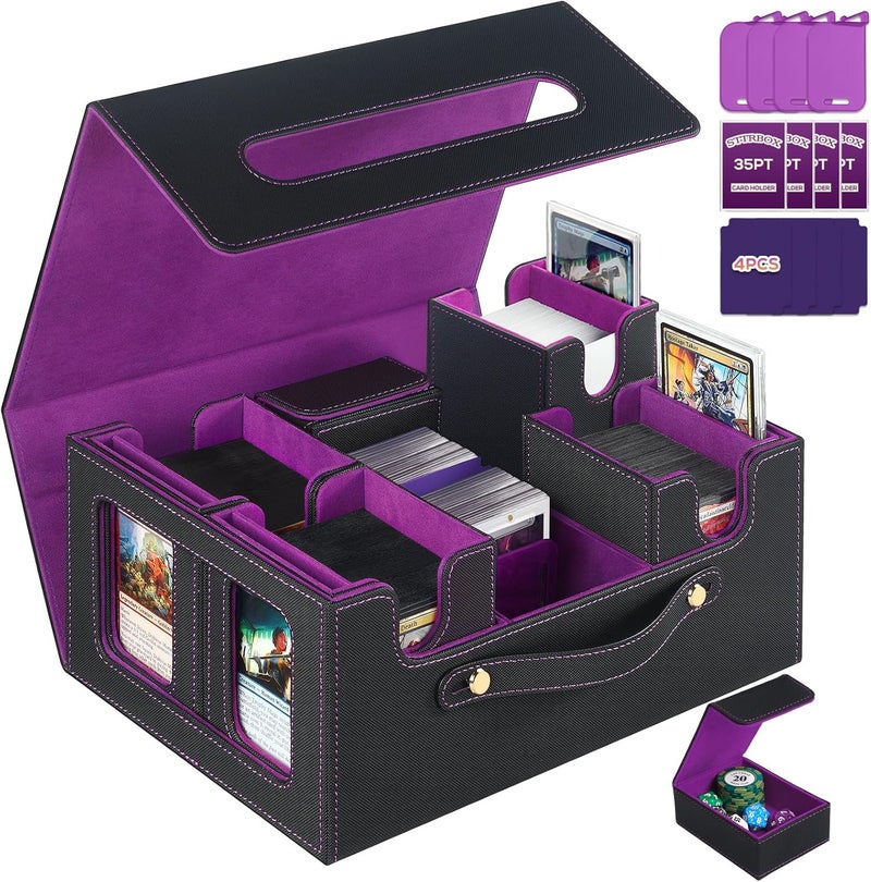 STTRBOX Trading Card Storage Box for MTG, MTG commander deck box，Multi-purpose Deck Case for MTG TCG Sports Card, 4 Toploaders, 4 Stoppers, 4 Colorful Dividers (Black & Purple) - Image 1